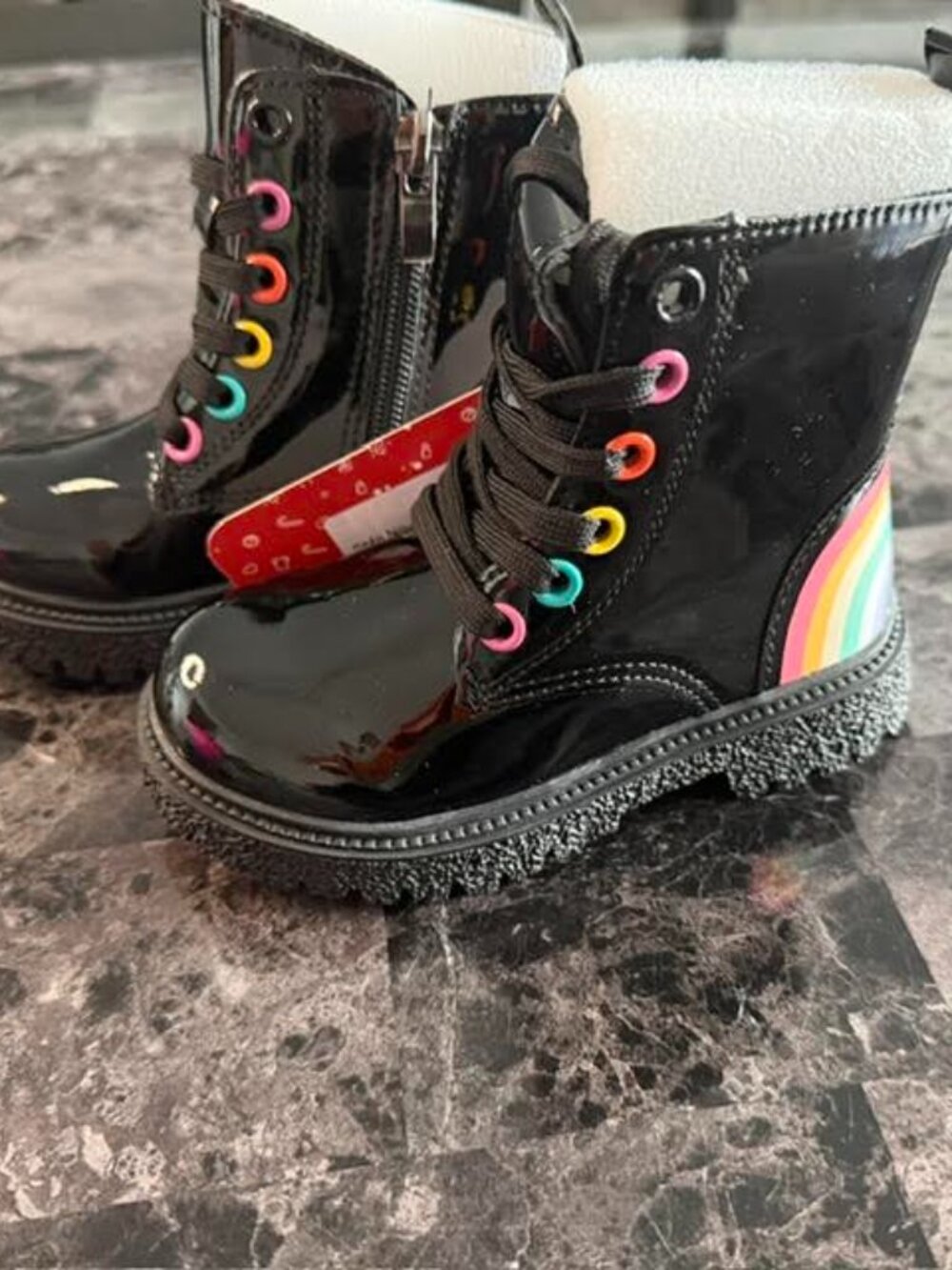 PatPat Girls Toddler Rainbow Combat Boots Black Patent Size 6.5 EU 22.5 NWT